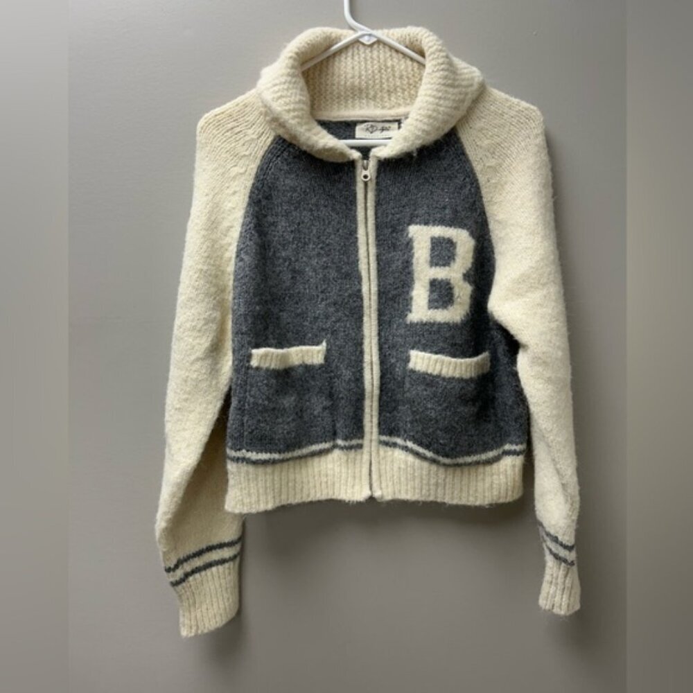 RD Style Conscious Cream & Grey Varsity Zip-Up Knit Cardigan